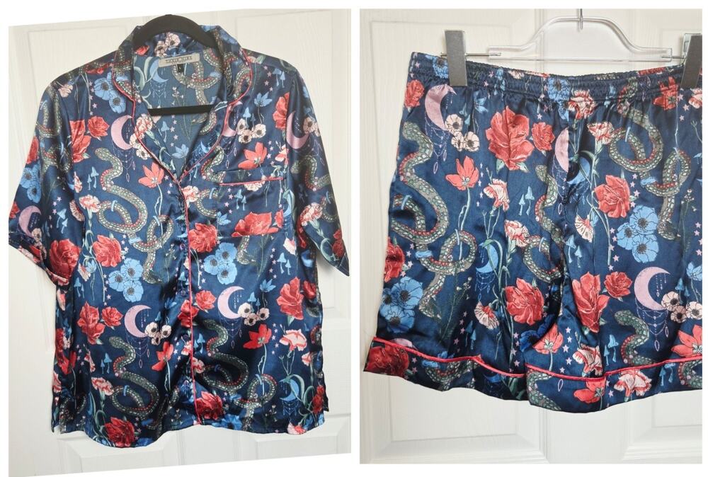 Their Nibs Pajama Set Womens Large Blue Snake Moon Floral Satin Shorts Lounge